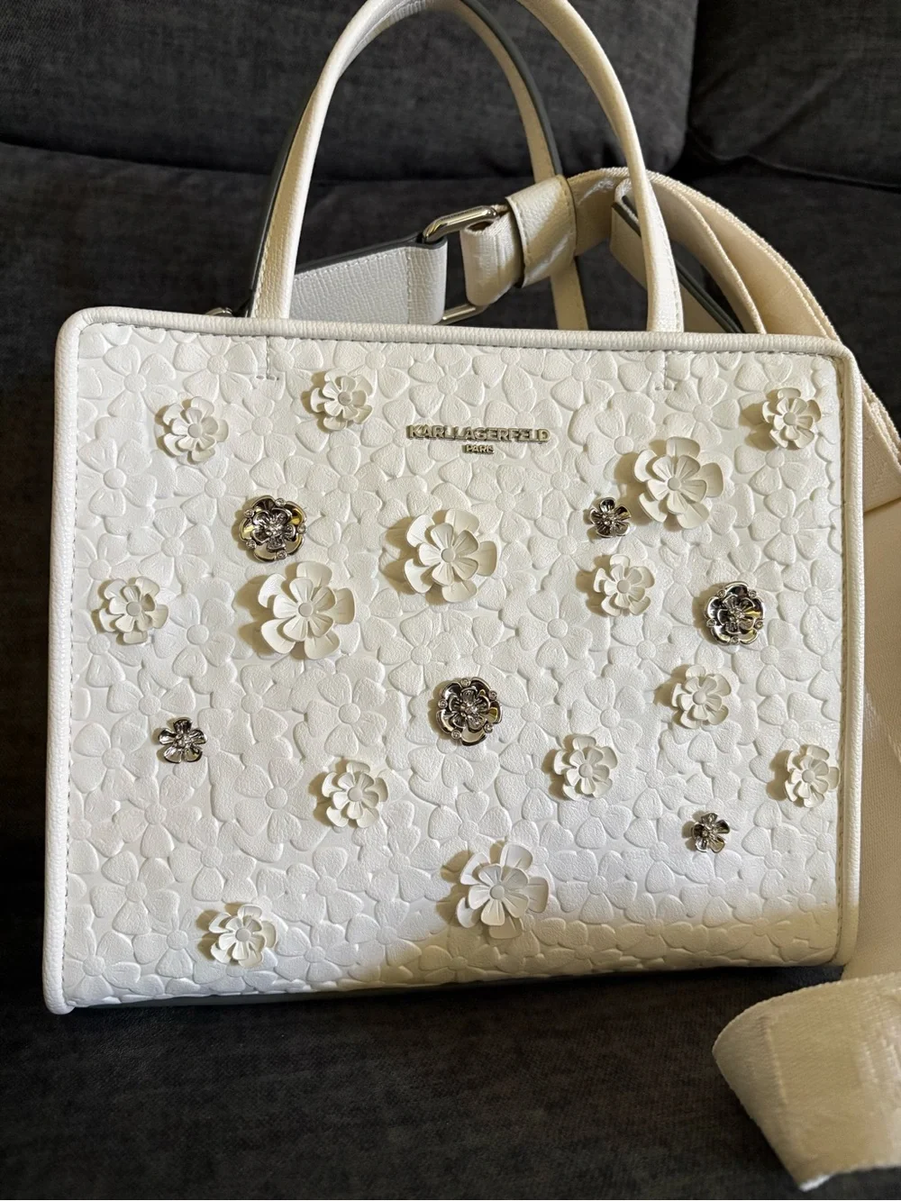 Karl Lagerfeld Cream Floral Appliqué Satchel - Picture 1 of 8